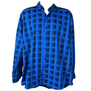 Karma Blu Men Shirt 2XL Blue Plaid Button Up Modern Fit L/S 2-Ply Cotton